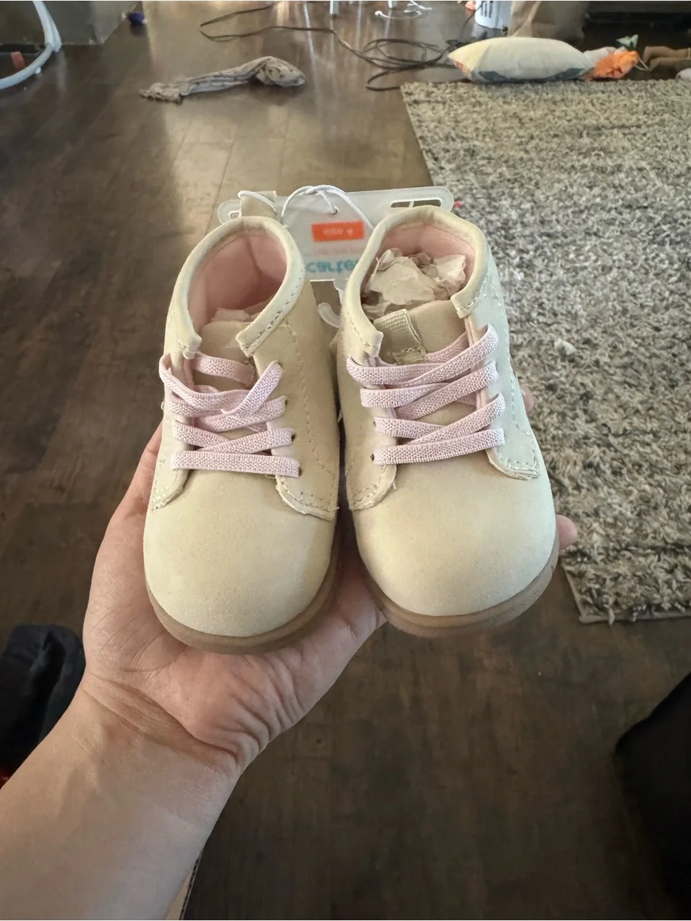 Kids Beige Suede Shoes with Pink Laces